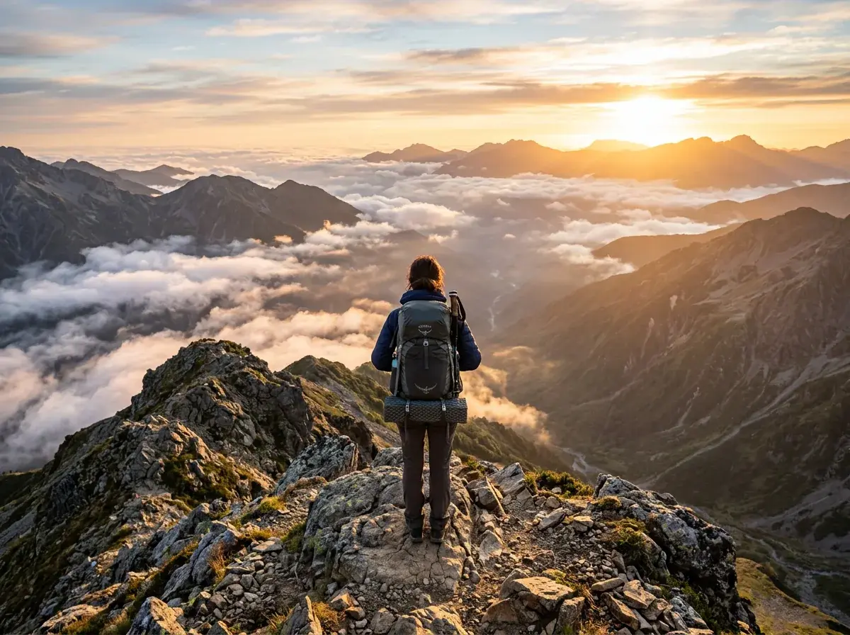 Traveller at a mountain viewpoint above the clouds