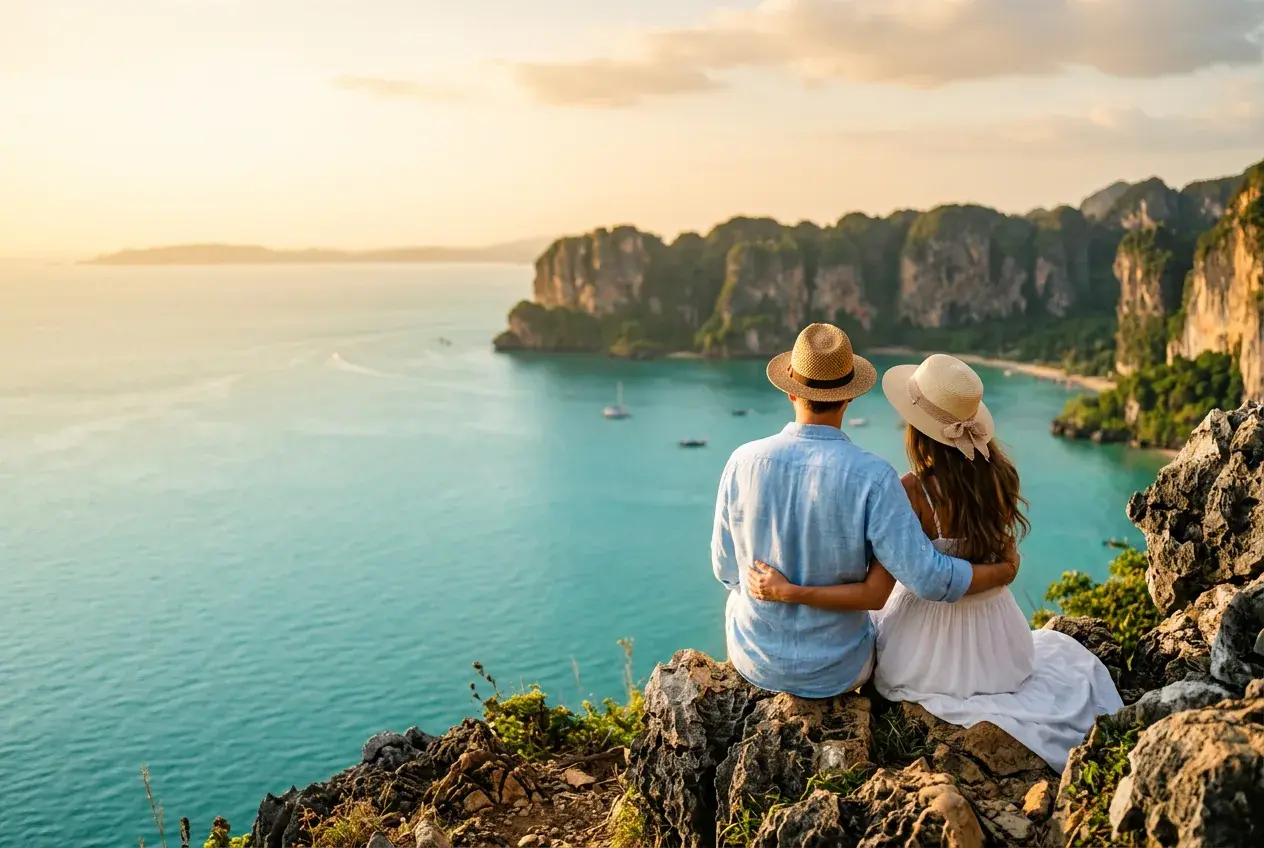 Couple watching the sunset over a tropical bay