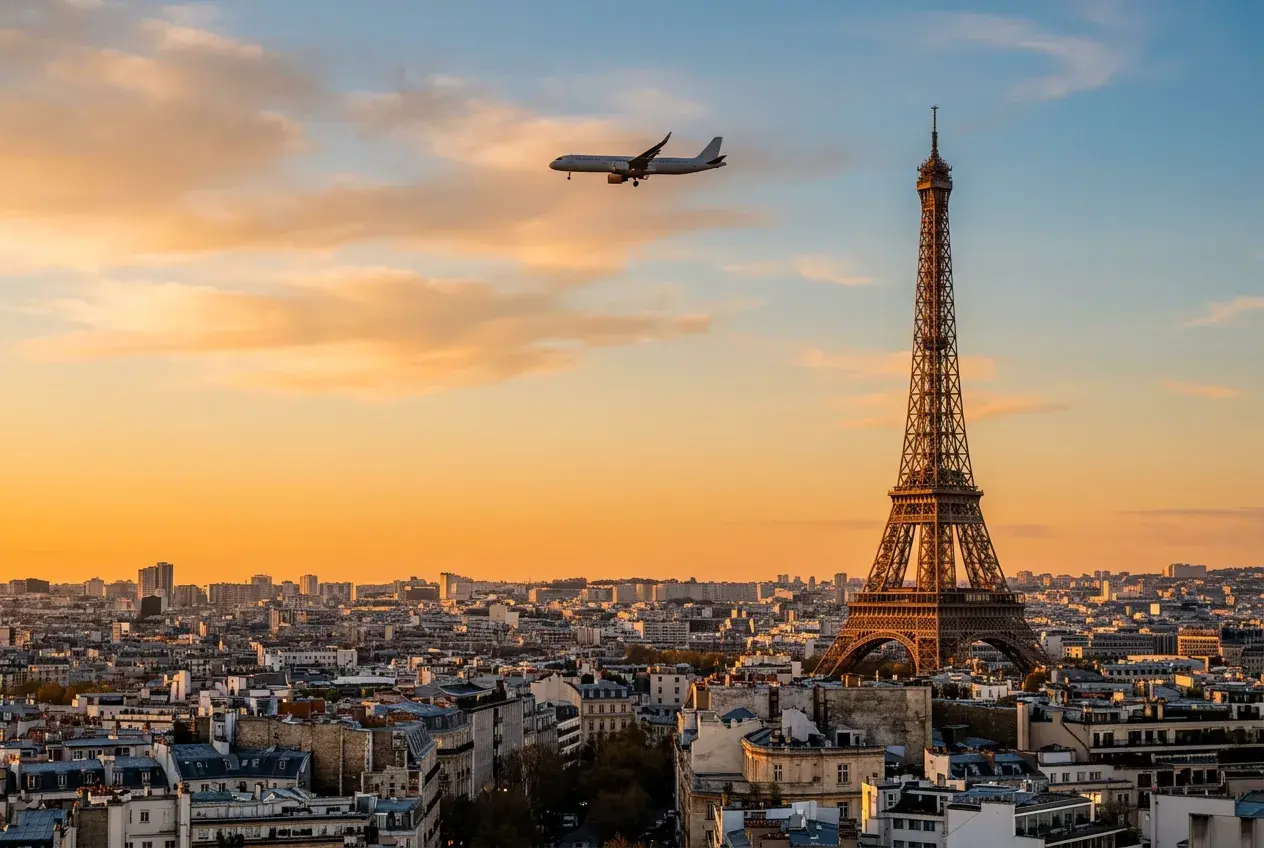 The Eiffel Tower at golden hour with a passenger jet overhead