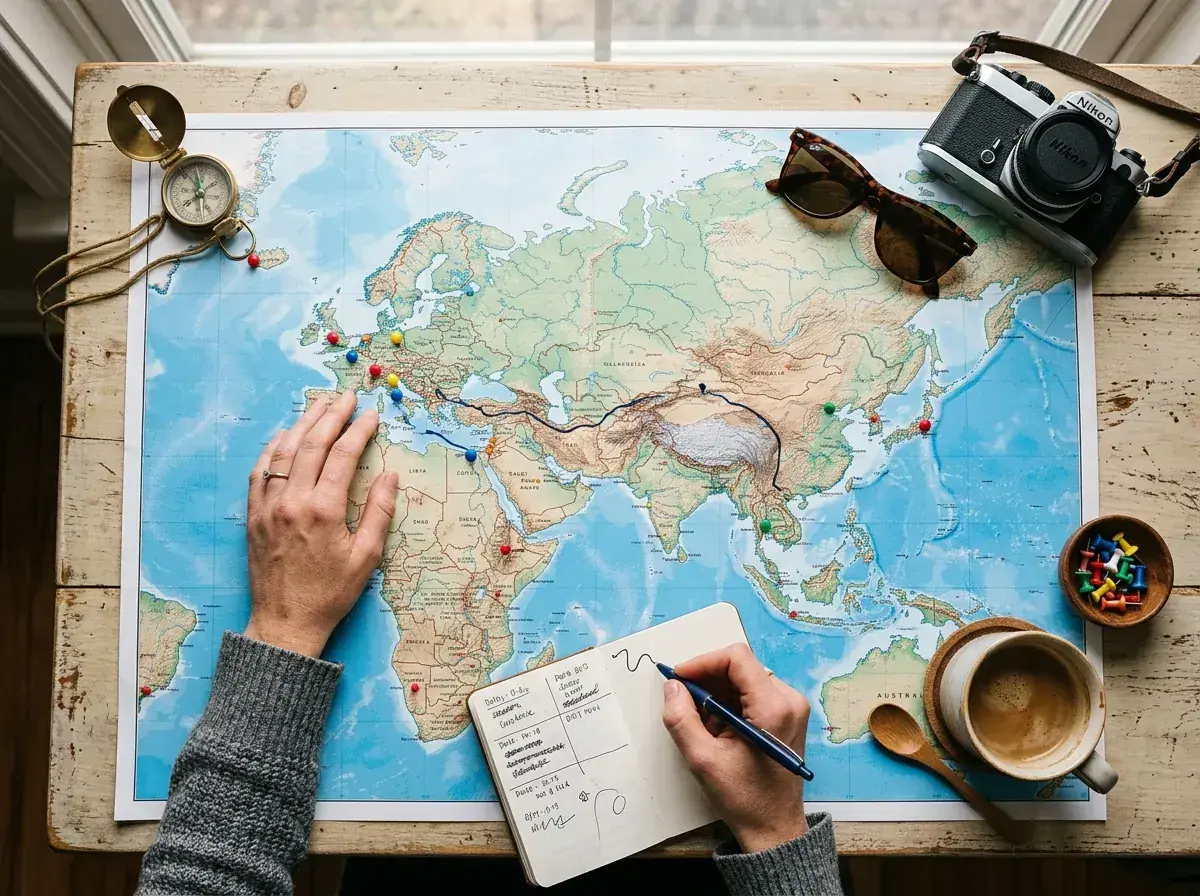 Planning a travel route on a paper world map