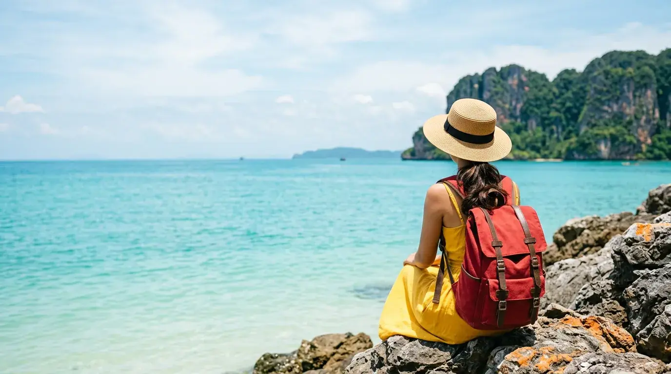 Traveller looking out over a turquoise tropical bay
